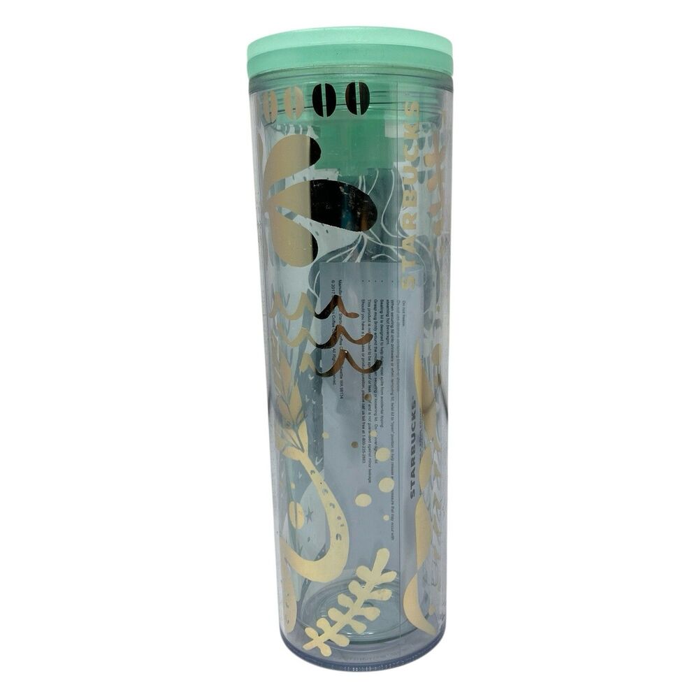 Starbucks Tumbler 16oz Mint Green Gold Print Double Wall Cold Cup Reusable 473ml - Picture 4 of 10